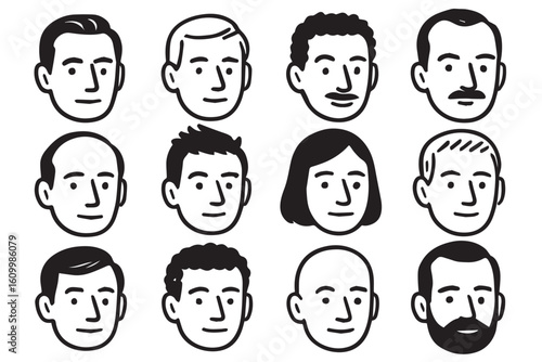 Minimalistic black and white cartoon heads featuring various male faces with different hairstyles, facial hair, and expressions in a grid