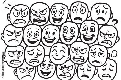 Chaotic cartoon illustration of multiple expressive faces showing intense emotions like anger, happiness, confusion, and sadness in bold lines