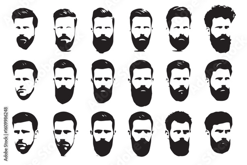 Minimalist vector silhouettes of male faces featuring diverse facial hair designs, from clean trims to full bushy beards, with striking contrasts
