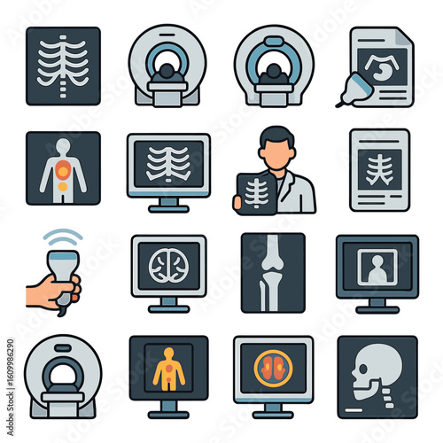 Medical imaging icons set with mri, x-ray, and ultrasound illustrations
