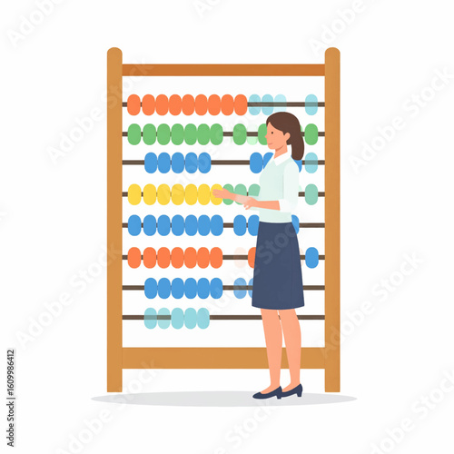 Woman using an abacus, a classic counting tool, for calculations.  She carefully manipulates the colorful beads.