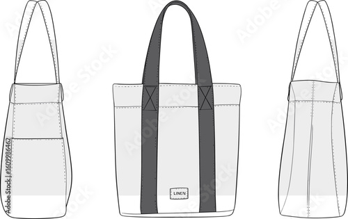 Tote bag front, side view, durable handles, detailed stitching, minimalist style, fashion sketch, cad drawing flat vector illustration