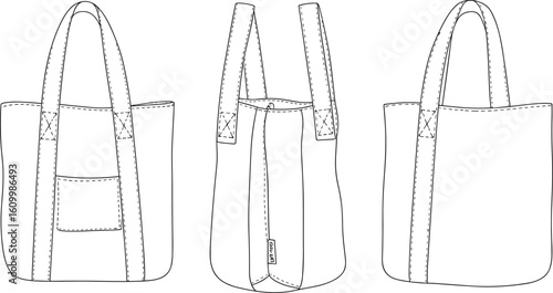Tote bag front, side, back view, fashion sketch, handbag template, accessory design, cad drawing flat vector illustration, detailed stitching