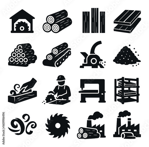 Woodworking icons: logs, sawmill, machinery, and lumber tools on gray background