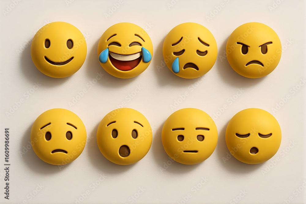 Obraz premium Colorful canvas featuring a series of emoji faces with different emotions such as laughter, crying, anger, and shock, reflecting a variety of human feelings and moods