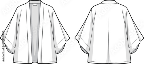 Traditional kimono jacket front, back view, fashion sketch, garment template, apparel design, technical drawing, cad drawing flat vector illustration