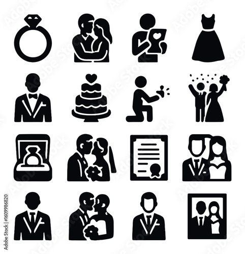 Wedding icon set: rings, couple, cake, ceremony, marriage proposal, celebration