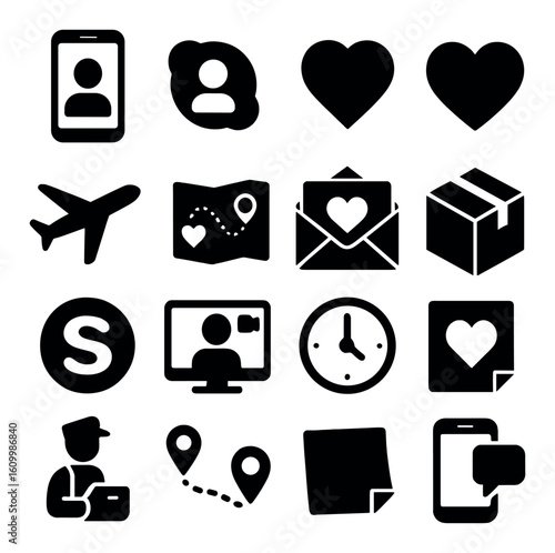 Set of communication and travel icons in black silhouette style