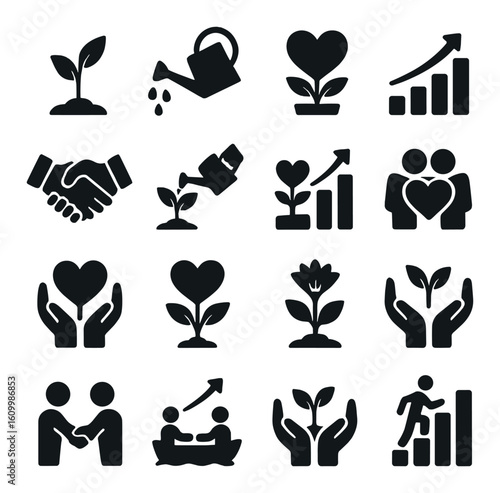 Growth and partnership icons: nature, collaboration, success, and support symbols
