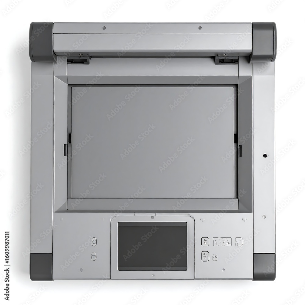 Fototapeta premium Top View of a Grey Flatbed Document Scanner with Open Lid and Digital Display