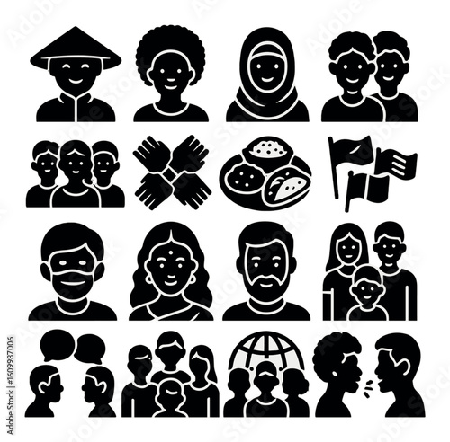 Diverse cultural icon set featuring people, food, and community symbols