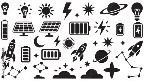 Space Rocket, Solar Energy, Battery Power, Light Bulb, and Astronomy Icon Set – Vector Silhouette Design
