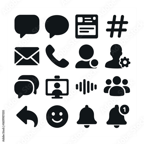 Black communication icons on white background featuring messaging and notification symbols
