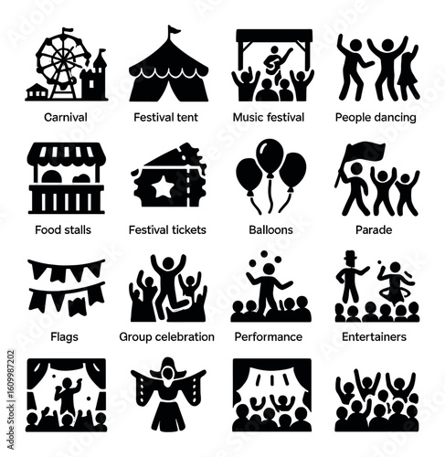 Festival icons: carnival, tent, music, dance, celebration