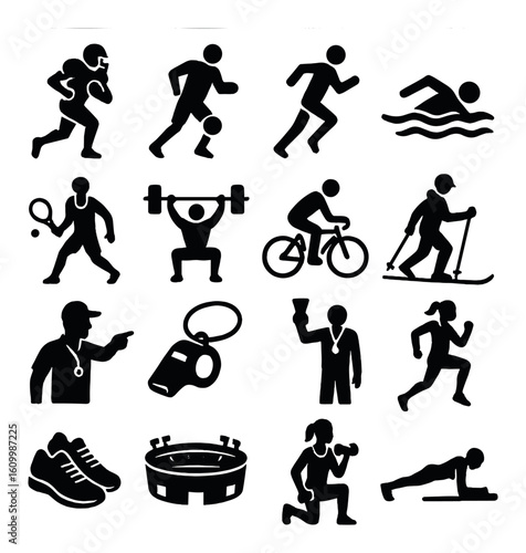 Silhouette icons of various sports activities depicting dynamic movement and fitness