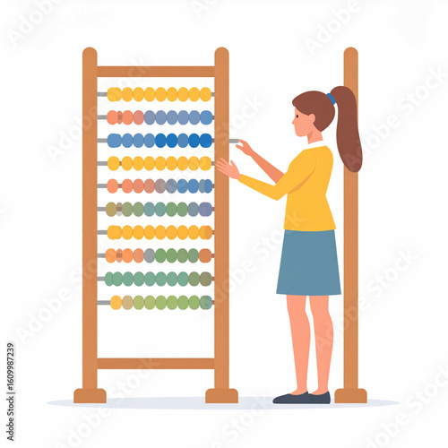 A woman using a large abacus with colorful beads to perform calculations or learn math.