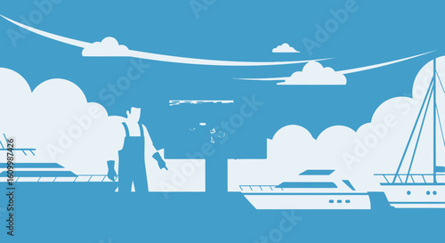 Nautical Scene with Worker and Boats: A Maritime Illustration with a Minimalist Aesthetic
