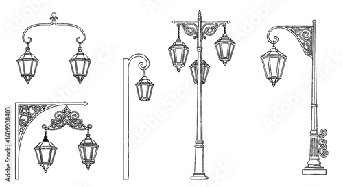 a close up of a group of street lights on a white background, Poles, lampposts, Street lamps, street lamps, street lanterns, street lighting, Street lighting, Street lighting, large beautiful street l