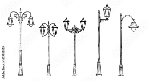 a close up of a group of street lights on a white background, Poles, lampposts, Street lamps, street lamps, street lanterns, street lighting, Street lighting, Street lighting, large beautiful street l