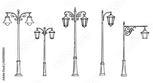 a close up of a group of street lights on a white background, Poles, lampposts, Street lamps, street lamps, street lanterns, street lighting, Street lighting, Street lighting, large beautiful street l
