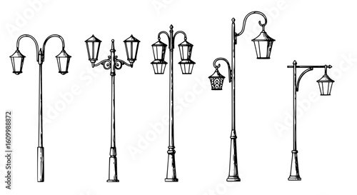 a close up of a group of street lights on a white background, Poles, lampposts, Street lamps, street lamps, street lanterns, street lighting, Street lighting, Street lighting, large beautiful street l