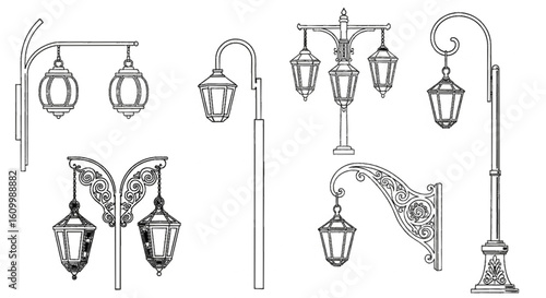 a close up of a group of street lights on a white background, Poles, lampposts, Street lamps, street lamps, street lanterns, street lighting, Street lighting, Street lighting, large beautiful street l