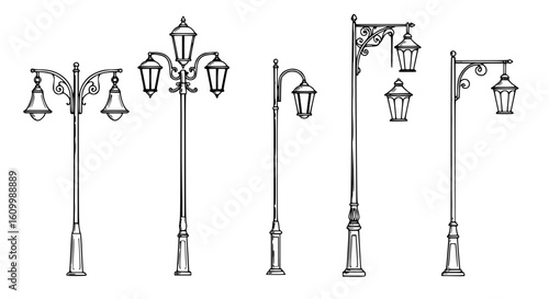 a close up of a group of street lights on a white background, Poles, lampposts, Street lamps, street lamps, street lanterns, street lighting, Street lighting, Street lighting, large beautiful street l