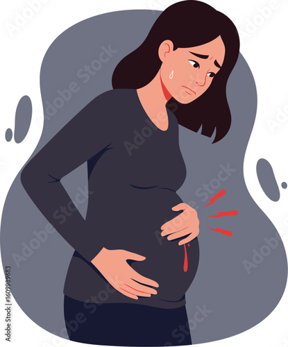 A pregnant woman experiencing distress, with visible bleeding and a worried expression, indicating potential health concerns.