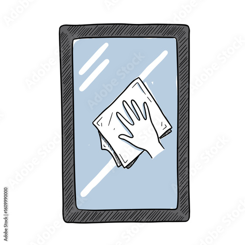 Hand cleaning a window with cloth in a sketch style  