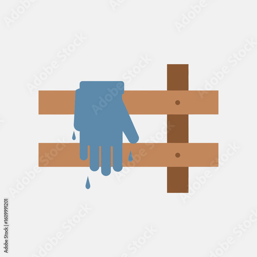 Blue gloved hand rests on a simple wooden fence against a white background.