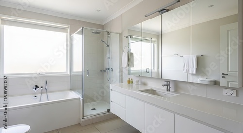 Wallpaper Mural Serene Modern Bathroom: Minimalist White Design with Glass Shower and Natural Light Torontodigital.ca