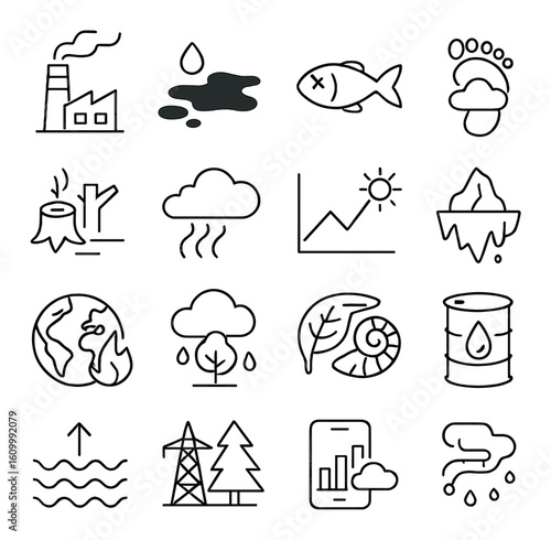 Environmental pollution impact icons featuring nature deforestation climate change and water contamination