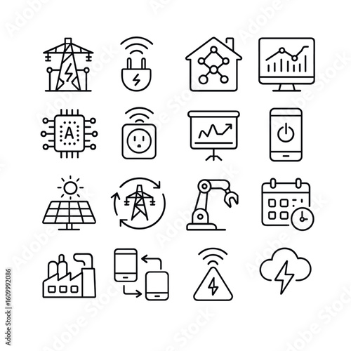 Smart energy infrastructure icons: renewable, efficiency, technology, automation, grid