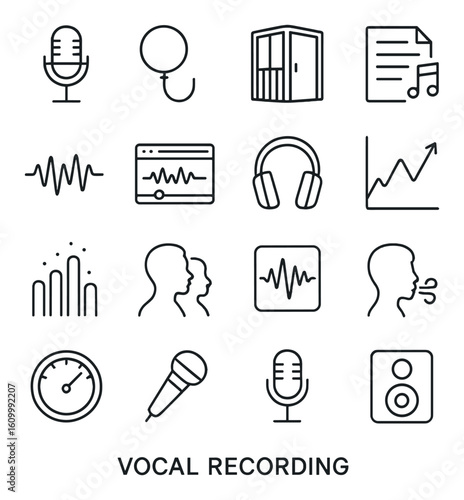 Audio recording icons set: microphone, headphones, sound waves, music notes, studio symbols