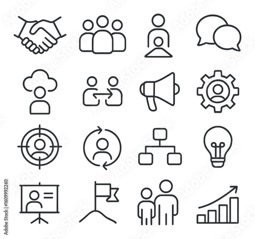 Business communication and strategy icons: teamwork, leadership, and innovation