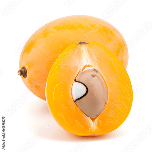 Whole hog plum (ambarella) and sliced piece with seed, isolated on white background