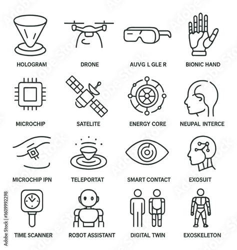 Innovative technology icons: hologram, drone, bionic hand, satellite, exosuit, microchip