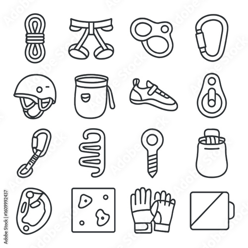 Climbing gear line icons set: rope, harness, carabiner, helmet, shoes, gloves, chalk bag