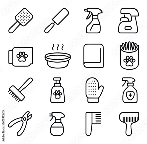 Pet grooming icons: brushes, clippers, sprays, and wash supplies in outline style