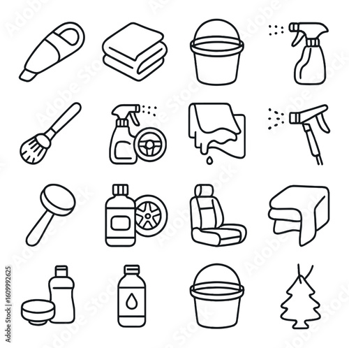 Car cleaning icons: vacuum, towels, bucket, spray bottle, brush, wheel cleaner, seat care