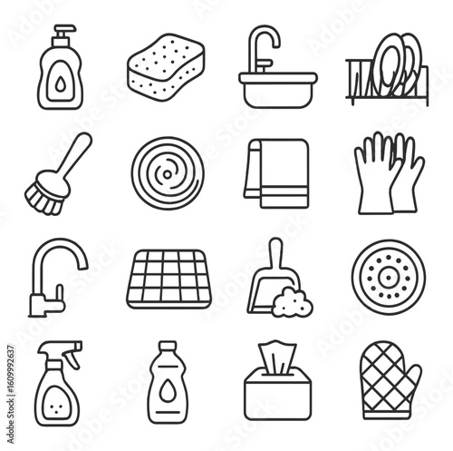 Kitchen cleaning essentials: icons of soap, sponge, sink, and more