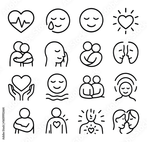Simple depiction of emotion and connection through minimalist line art icons