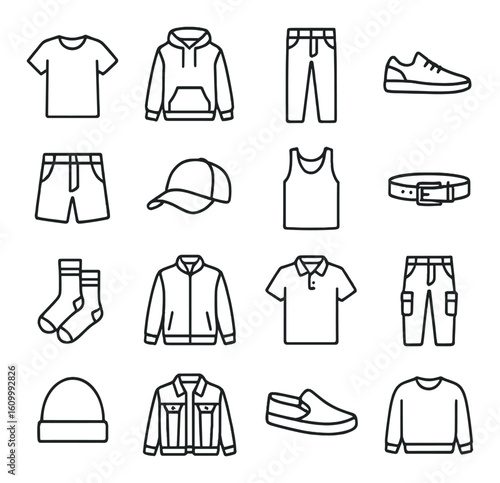 Casual clothing icons set: t-shirt, hoodie, jeans, sneakers, jacket, cap, socks