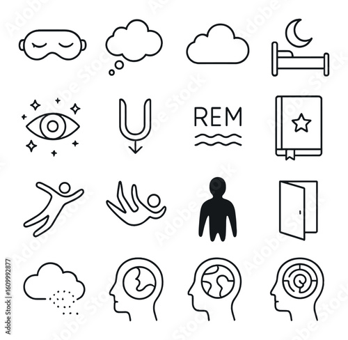Sleep and dream icons: eye mask, rem, and brain illustrations on gray background