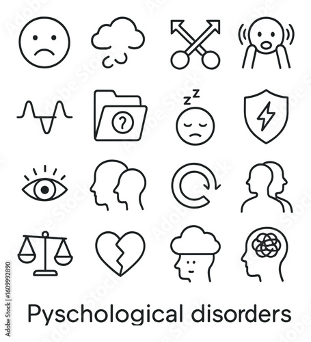 Icons representing various psychological disorders on a gray background