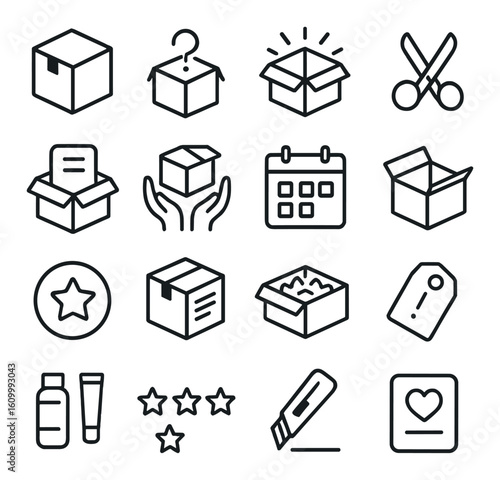 Icon set of boxes and objects with open and closed designs in minimal style