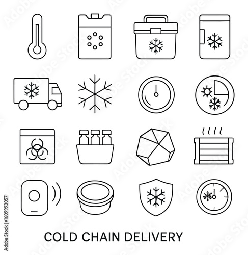 Cold chain delivery icons: temperature, logistics, refrigeration, safety, transport