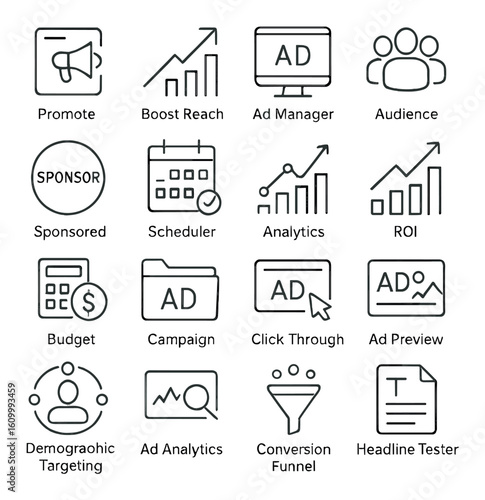 Digital advertising icons: analytics, scheduling, targeting strategies