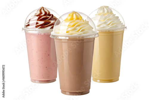 Indulge in creamy, delicious milkshakes featuring strawberry, chocolate, and vanilla flavors topped with whipped cream and drizzles.