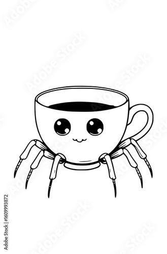 Kawaii Spinnentasse – Süße Halloween Teetasse als Malvorlage